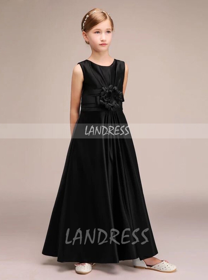 Black Satin Long Junior Bridesmaid Dress with Flower Landress