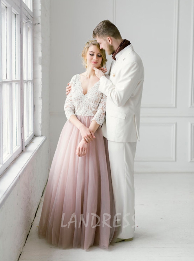 Two Tone Wedding Dresses with Sleeves Tulle Floor Length Bridal Dress Customize