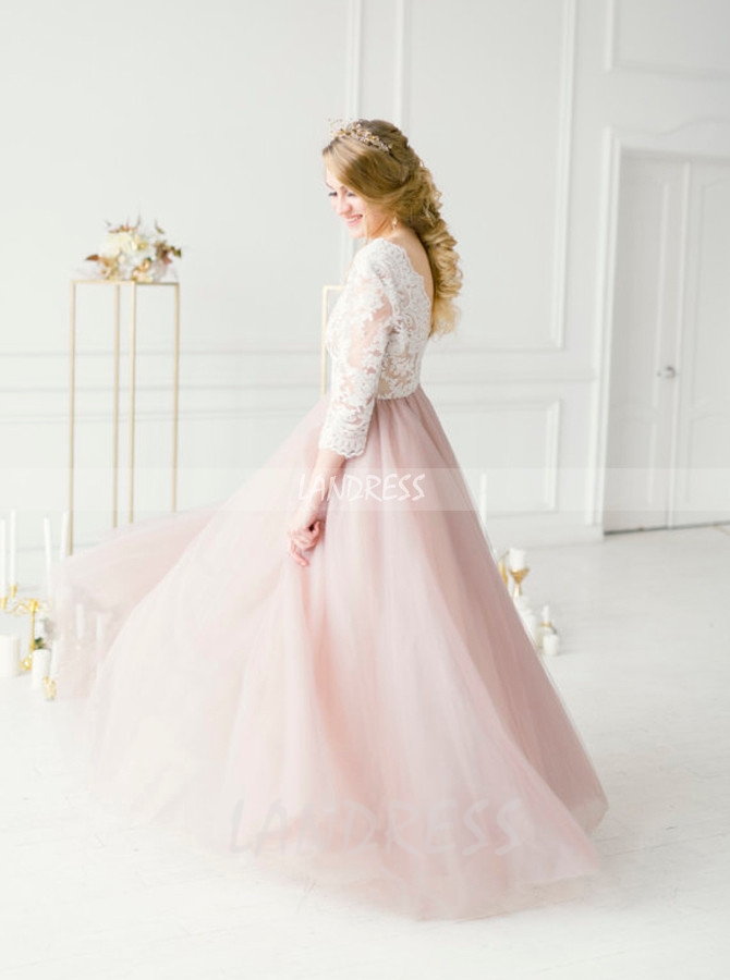 Two Tone Wedding Dresses with Sleeves Tulle Floor Length Bridal