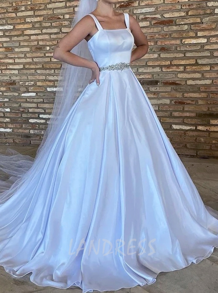 A line Satin Wedding Dress With Removable Rhinestones Belt