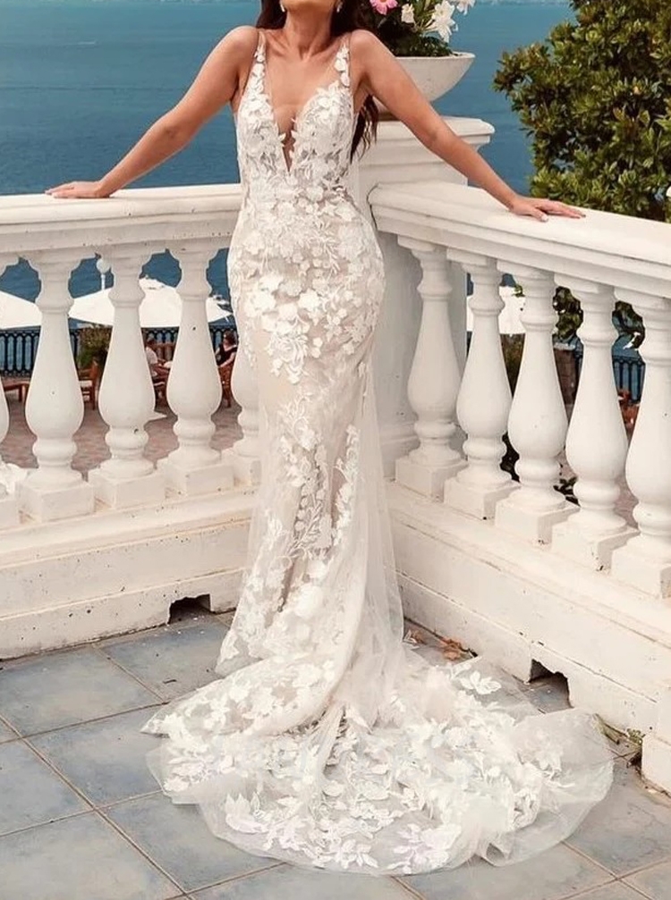 Destination Plunging Neckline Lace appliqued Fitted Wedding Dress Customize