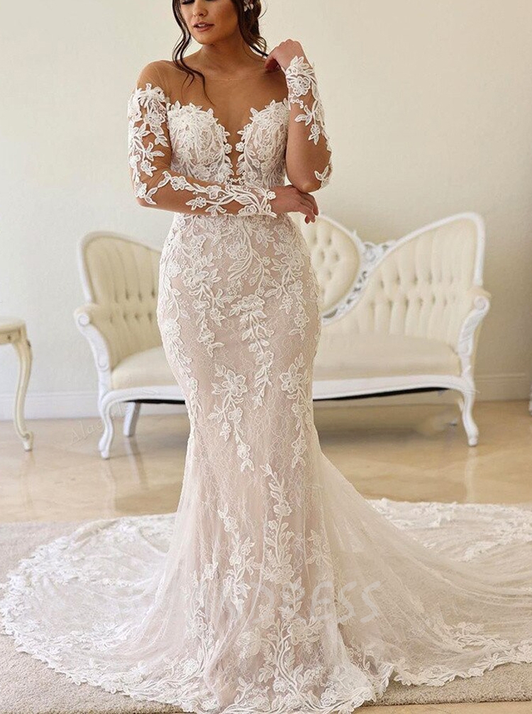 Long sleeve lace 2024 backless wedding dress