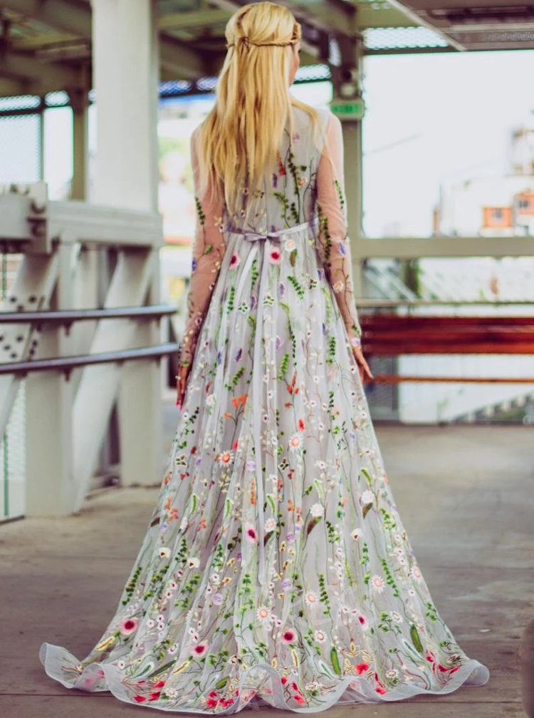 Long sleeve 2024 floral prom dress