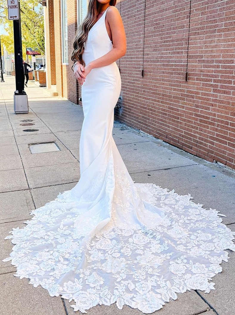 Fit and flare cheap wedding dress with train