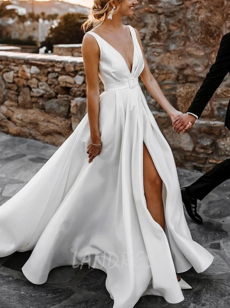 A line V neck Satin Wedding Dress With Split Front Landress