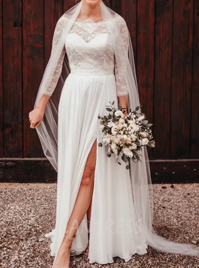 Casual Lace Bodice Chiffon Skirt Wedding Dress With Slit