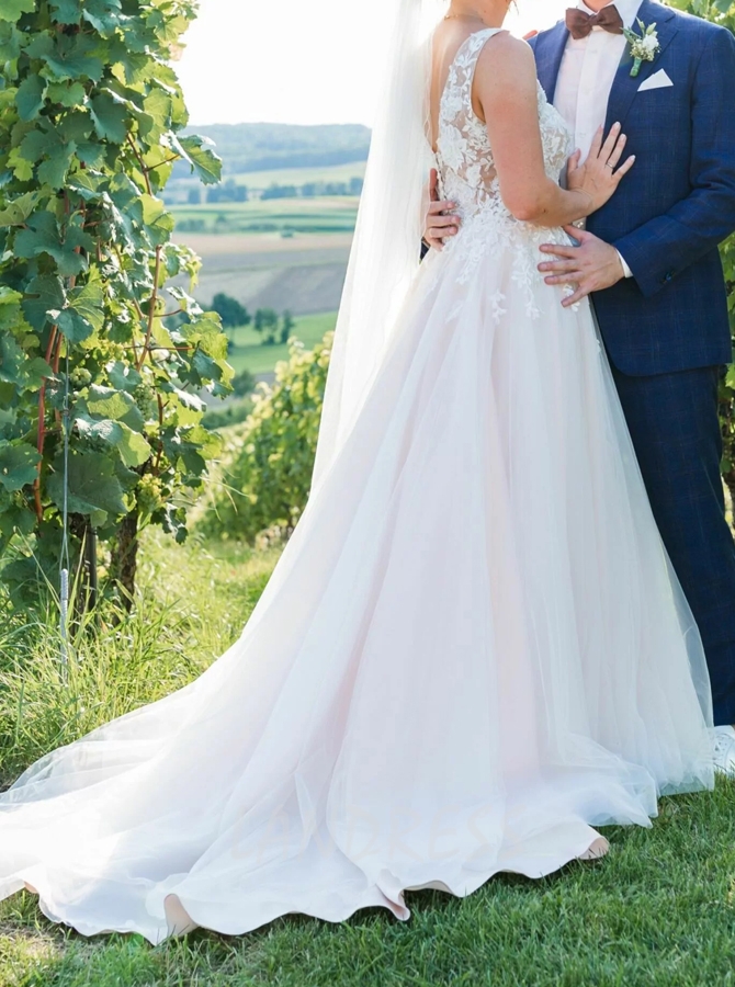 Lovely Plunging Neckline Champagne Lining Tulle Overlay Wedding