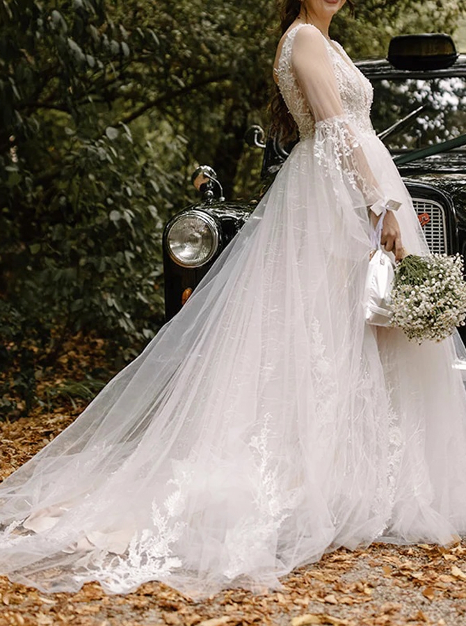 Bell sleeve sale bridal gown