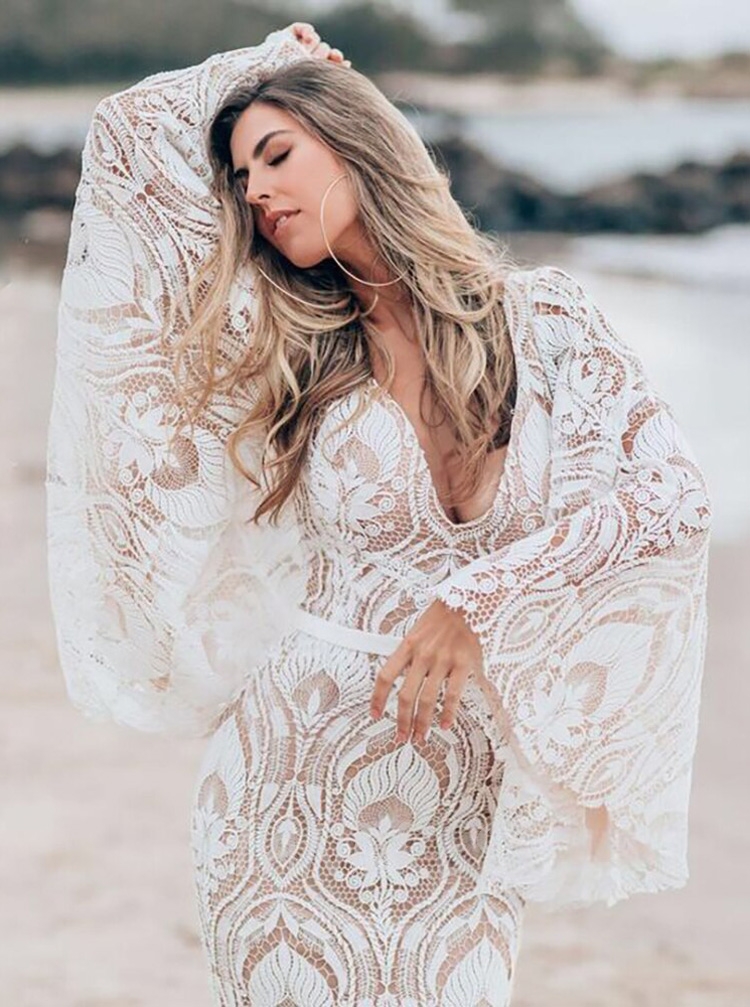 Boho Beach Wedding Dress With Batwing Sleeves Landress