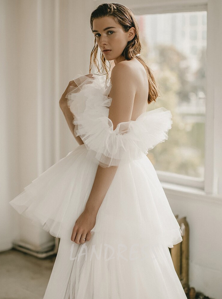 Ruffled Short Wedding Dress With Detachable Layered Train