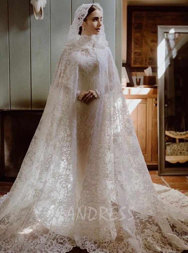 Muslim Modest Long Sleeves High Neck Wedding Dress With Cape