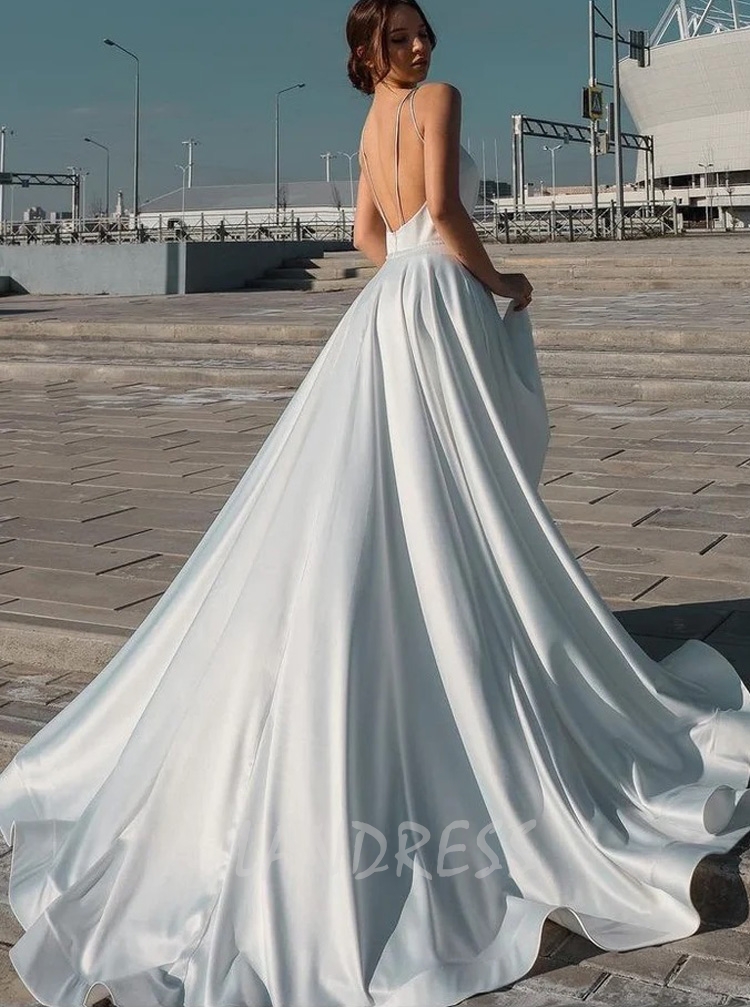 Dual Spaghetti Straps Satin Backless Wedding Dress Landress