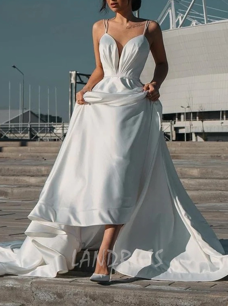 Dual Spaghetti Straps Satin Backless Wedding Dress Landress